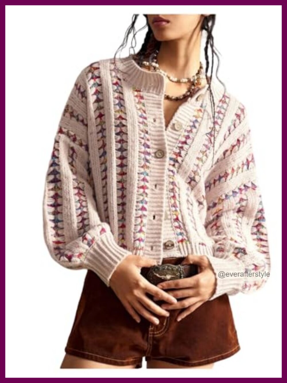 Boho Striped Cropped Cardigan Button Front Long Sleeve Knit Sweater